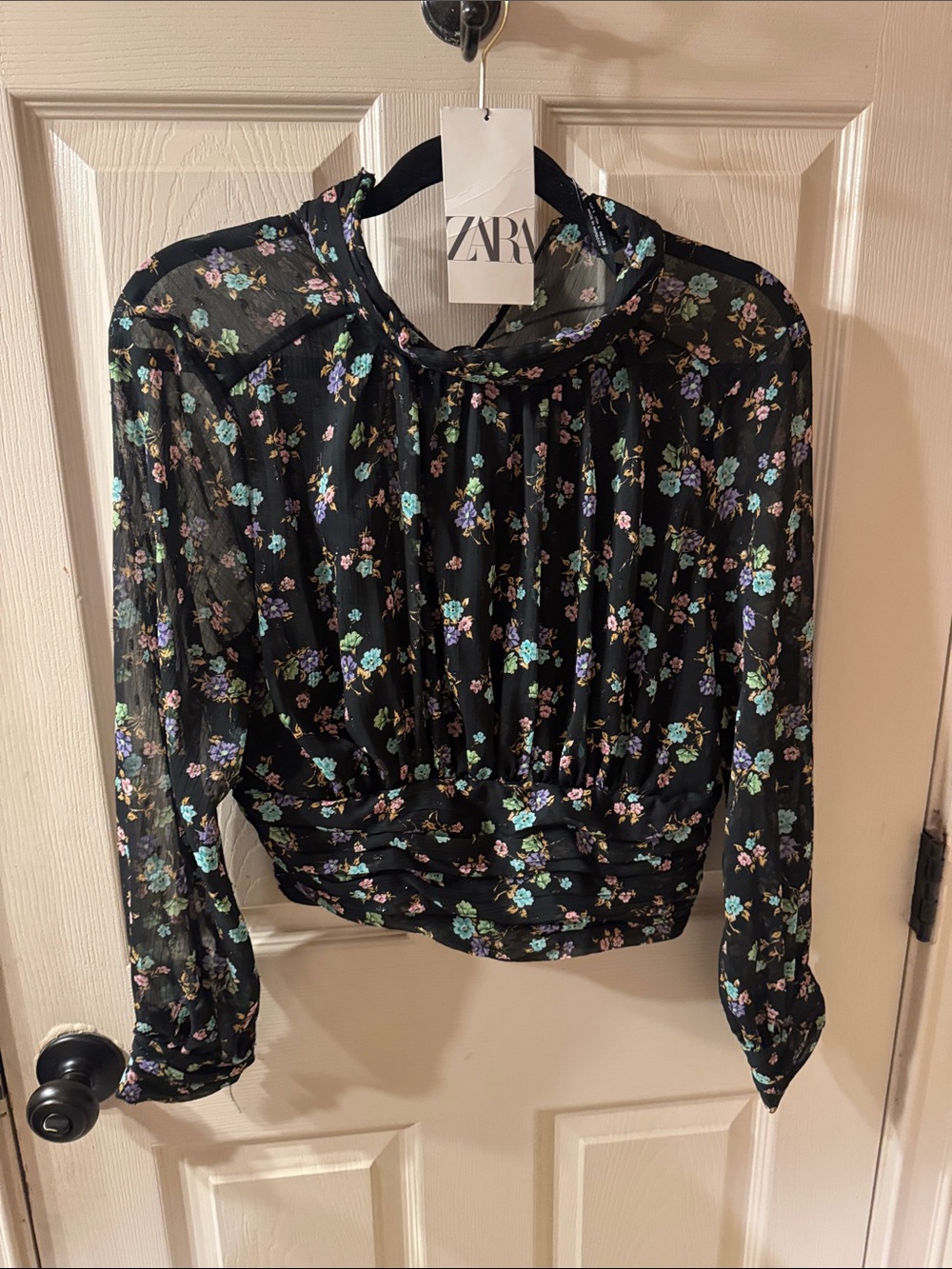 Zara Black Floral Sheer Long-Sleeve Blouse